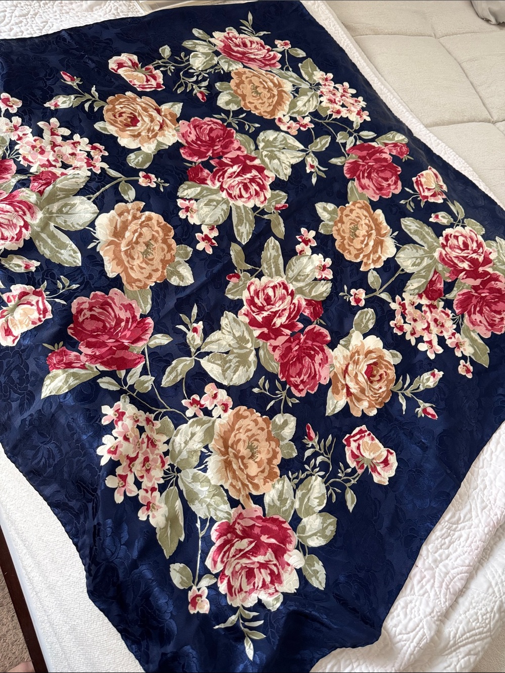 Floral Navy Silk Square with Pink and Cream Roses- Scarf